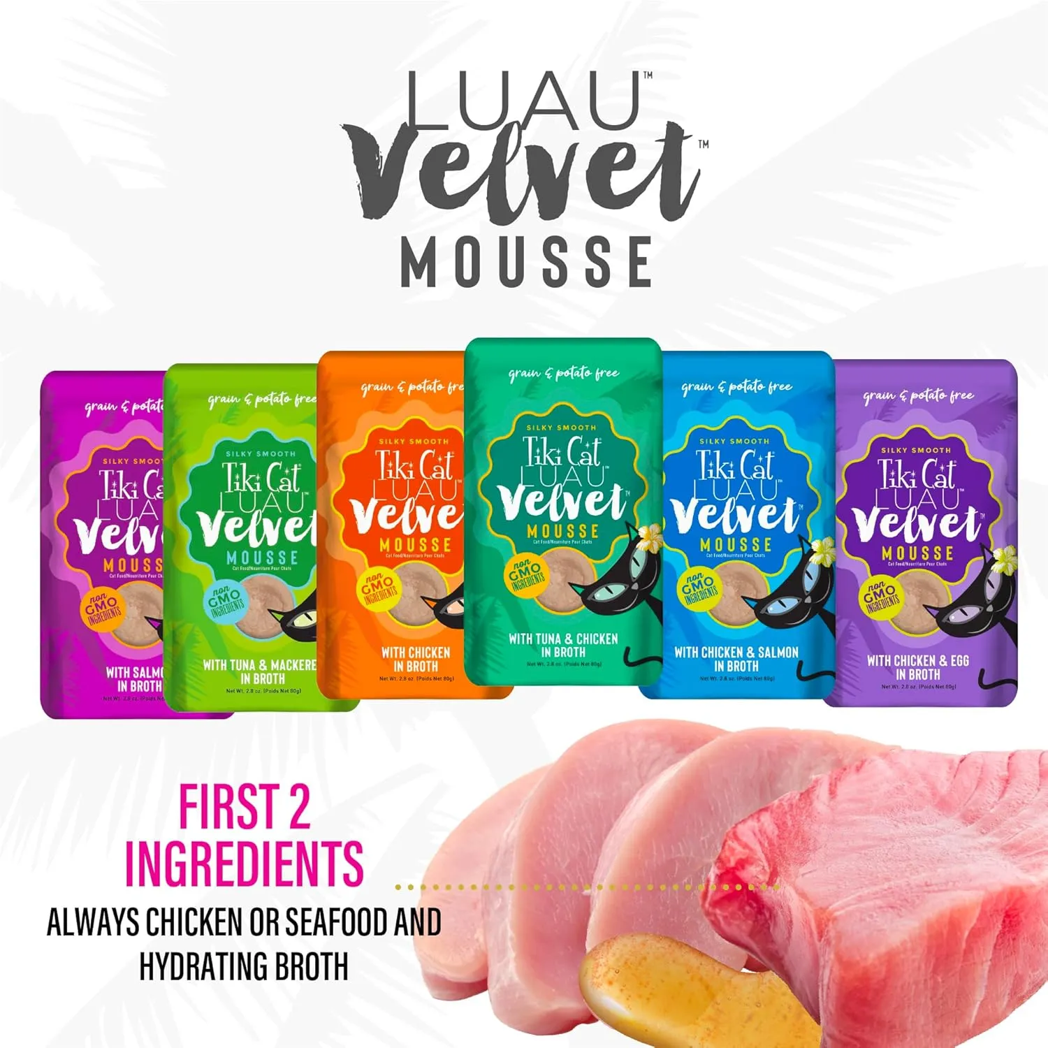 Tiki Cat Velvet Mousse, Protein Blend in Broth Variety Pack, Complete Nutrition for Balanced Diet, Wet Cat Food For All Life Stages, 2.8 oz. Pouch (Pack of 12)
