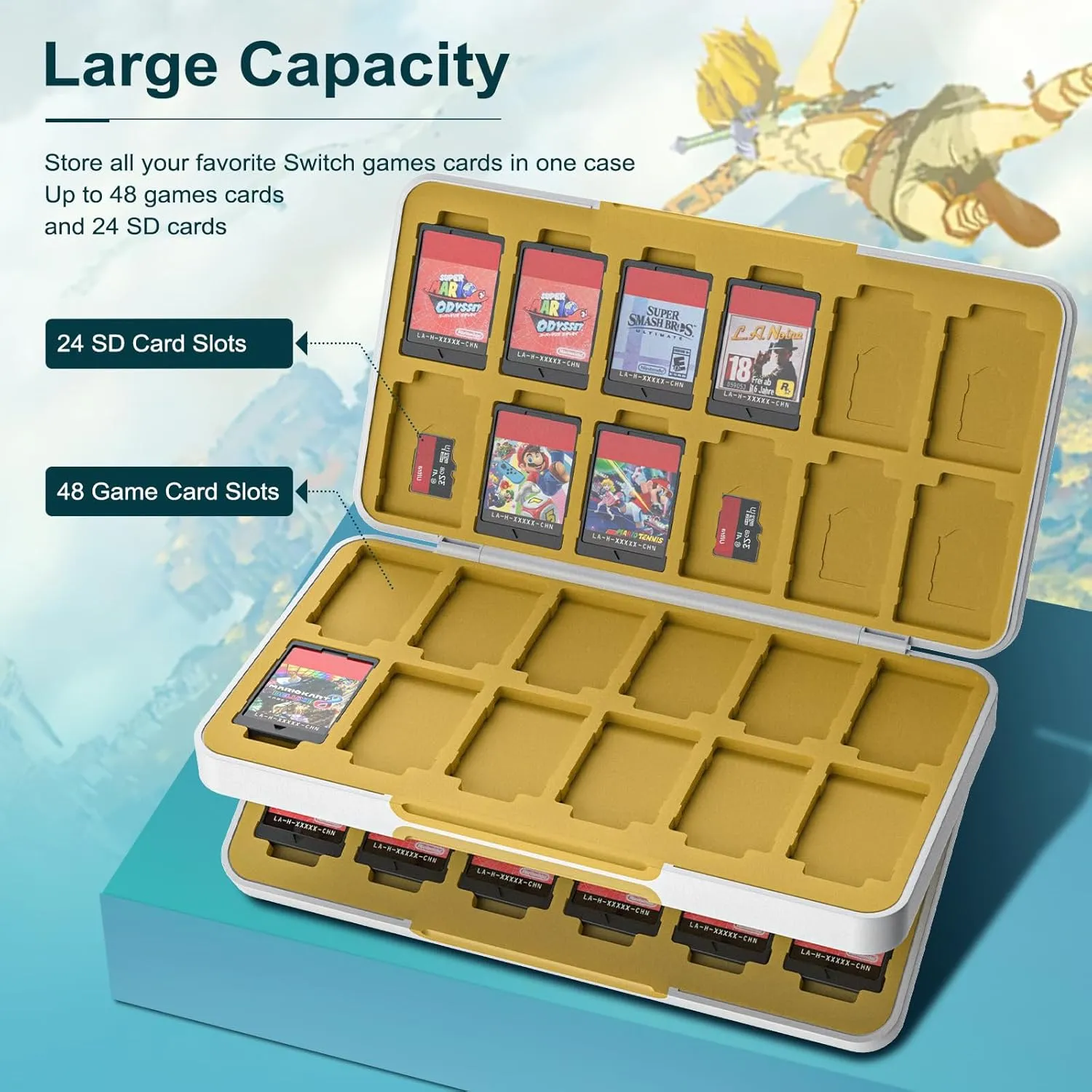 TiMOVO 48 Game Card Case for Nintendo Switch OLED/Switch/Switch lite, 4pcs Switch Thumb Grips for Zelda: Tears of The Kingdom, 48 Game Holder Cartridge Case for Game Cards and 24 SD Cards, White Eagle