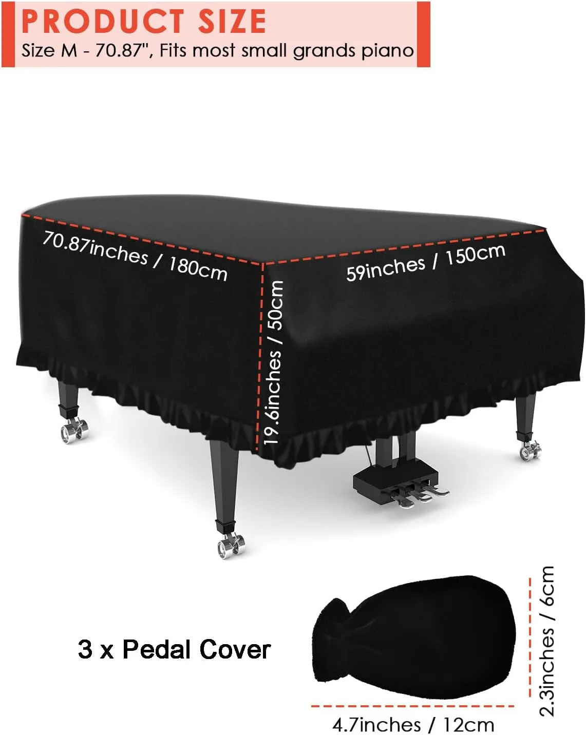 TINDTOP Grand Piano Cover, Velvet Dustproof Baby Piano Cover Washable Soft Bordered Decorated Full Triangle Piano Protective Cover (M)