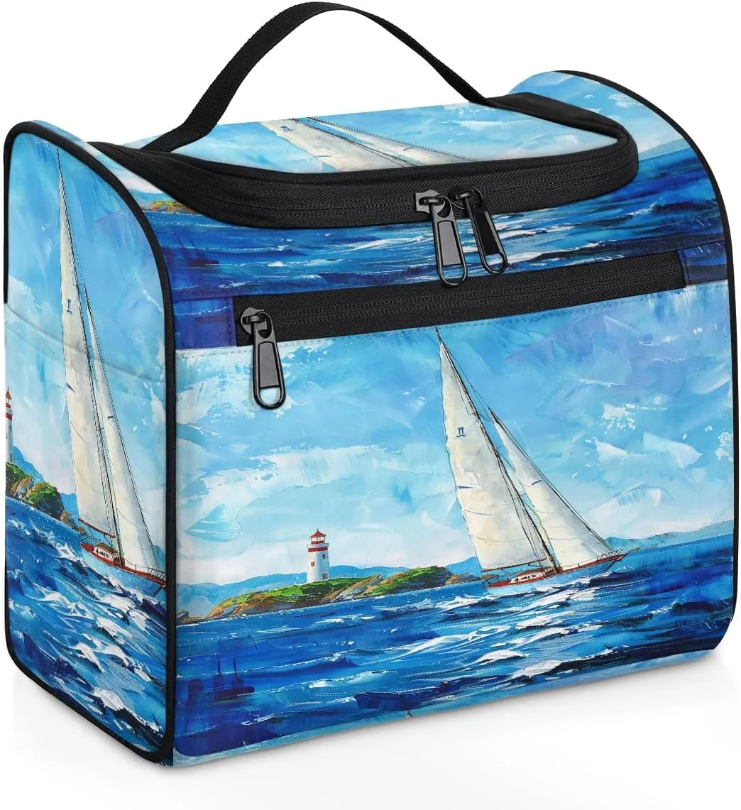 Toiletry Bag with Hanging Hook Makeup Bag Seawater Sailboat Cosmetic Case Travel Organizer for Women Men Traveling Wash Bag
