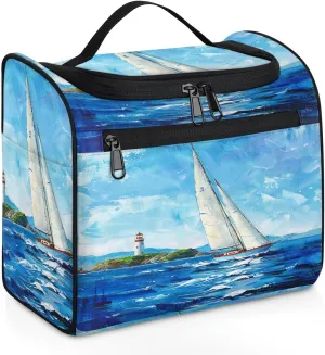 Toiletry Bag with Hanging Hook Makeup Bag Seawater Sailboat Cosmetic Case Travel Organizer for Women Men Traveling Wash Bag