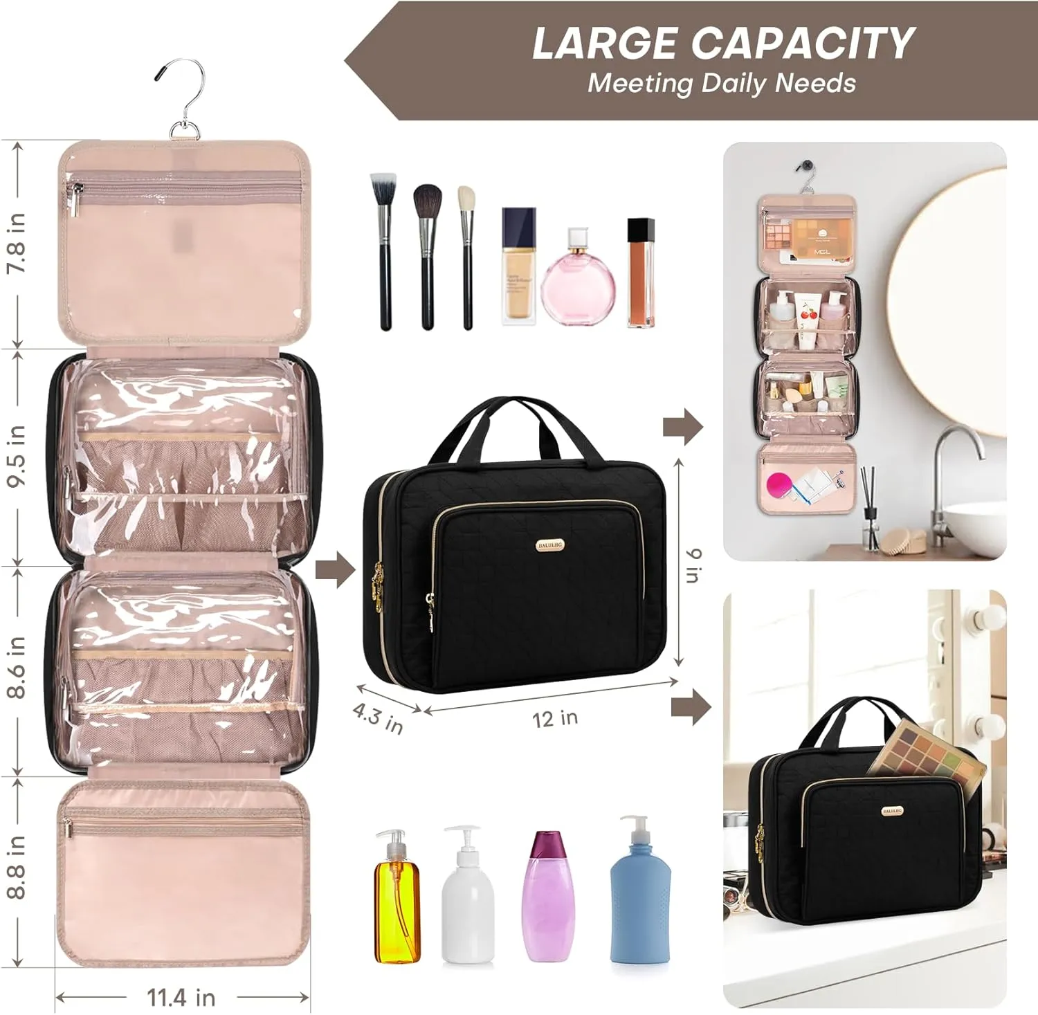 Toiletry Bag with Hanging Hook, Portable Makeup Cosmetic Bags, Space-efficient, Collapsible Moving, making it more suitable for Travel