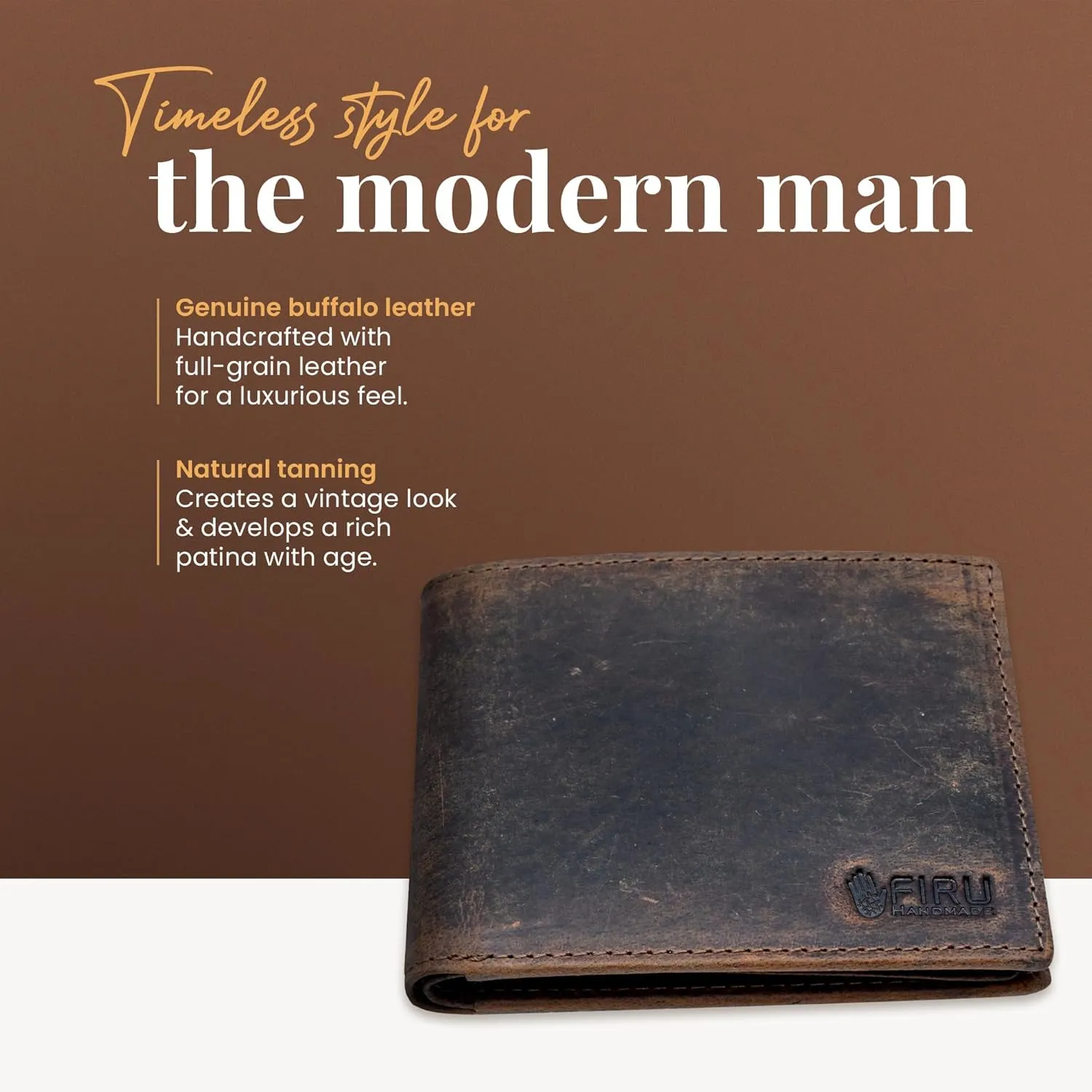 Top Grain Leather Wallet for Men with RFID Blocking-Slim Billfold with 8 Card Slots-Bifold, Extra Capacity with 2 ID Windows-Vintage Design, Gift for Him (Buffalo Brown)