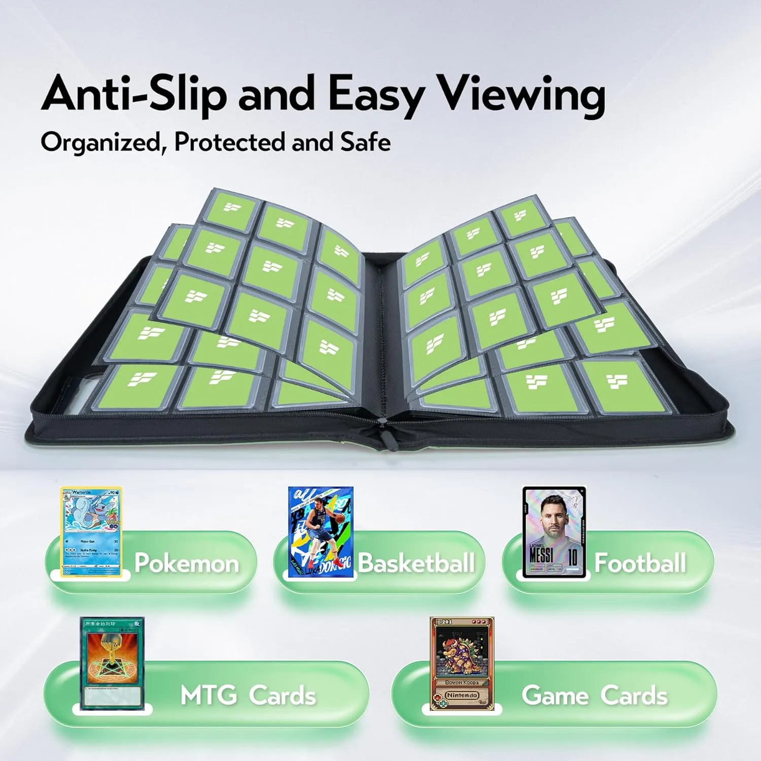 Top Loader Binder for Cards (Clear Window), Holds 288 Cards in 3"x4" Toploaders, Trading Card Binder 9 Pocket for TCG, MTG, YGO, Game Cards, Sports Cards(Green Grass)