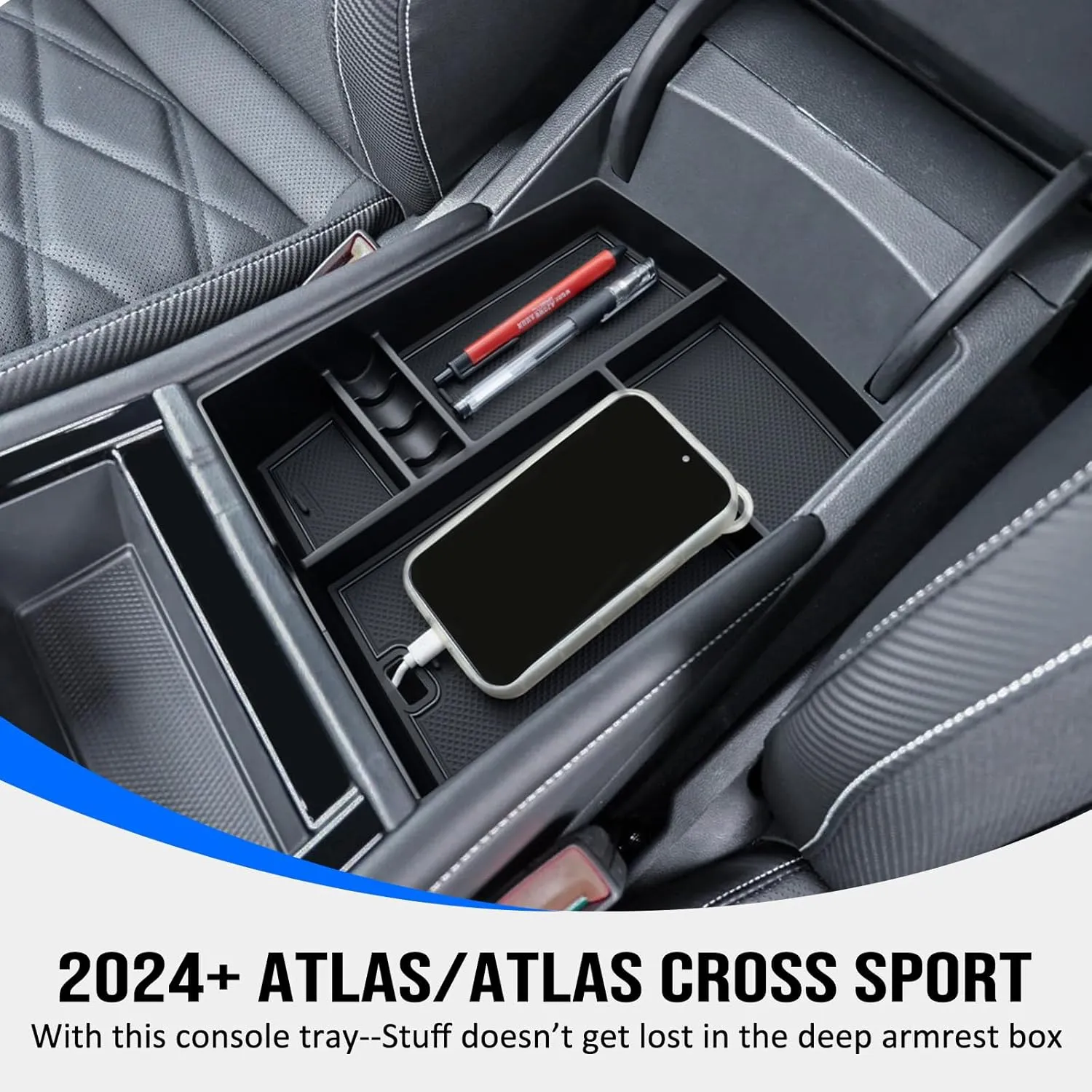 TOPINSTALL 25 New Console Organizer Compatible with 2024 2025 VW Atlas/Atlas Cross Sport Accessories, Armrest Box Storage Console Tray with Coin Holder Insert Interior Accessories