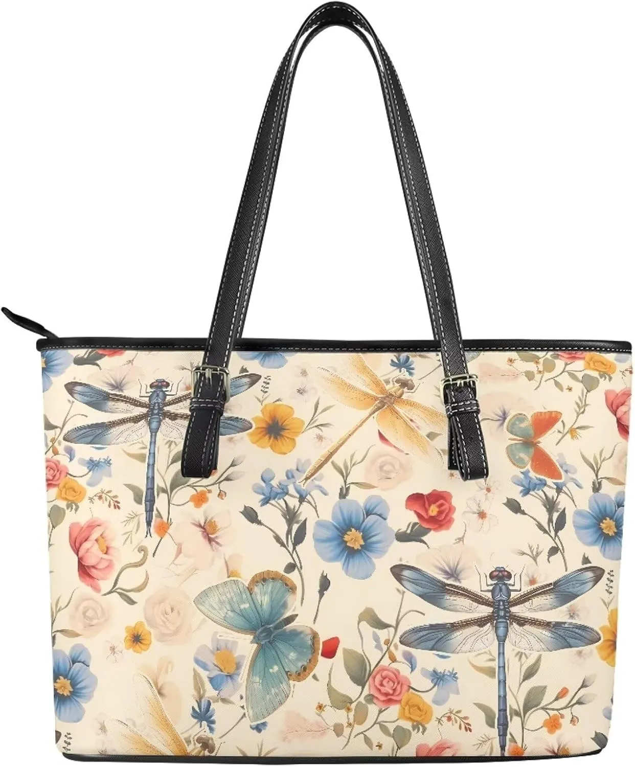 Tote Bag for Women Painting Flowers Zipper Hobo Bag, Bohemia Art Faux Leather Shoulder Briefcase Work Tote Purse