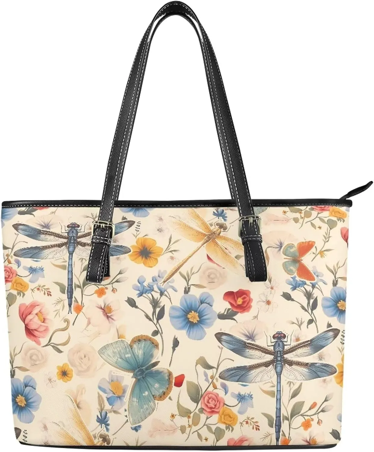 Tote Bag for Women Painting Flowers Zipper Hobo Bag, Bohemia Art Faux Leather Shoulder Briefcase Work Tote Purse
