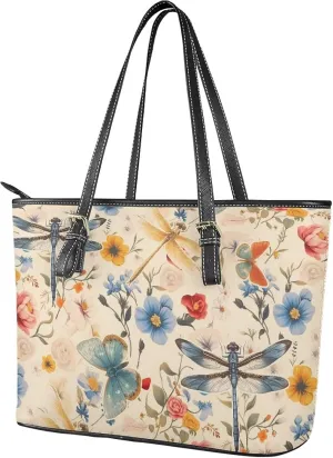 Tote Bag for Women Painting Flowers Zipper Hobo Bag, Bohemia Art Faux Leather Shoulder Briefcase Work Tote Purse
