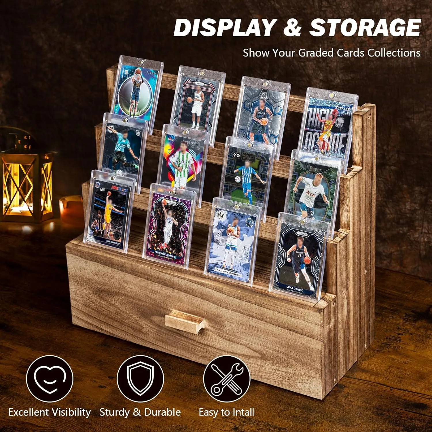 Trading Card Display, 3-Tier Trading Card Storage with Custom Drawer, Wood Graded Card Display with Card Supporters and Dividers, Sports Card Display Case for Card Game Collection (Brown)
