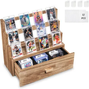 Trading Card Display, 3-Tier Trading Card Storage with Custom Drawer, Wood Graded Card Display with Card Supporters and Dividers, Sports Card Display Case for Card Game Collection (Brown)