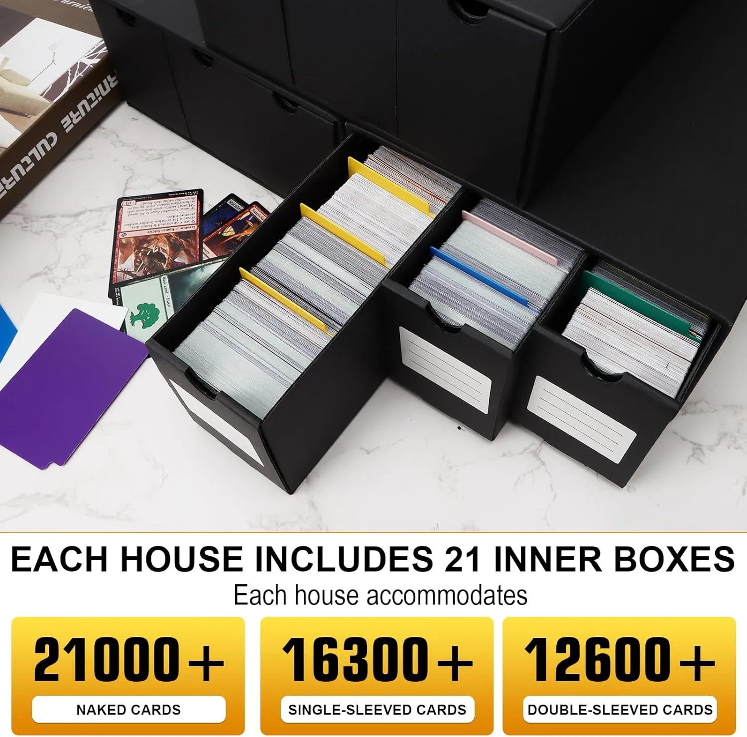 Trading Card Organizer - Card Storage Box with 21-600 CT Boxes - 72 Dividers, Labels and Tapes - 21000  Cards Capacity - Perfect for TCG, MTG, Sports Cards,Collectible Card Games