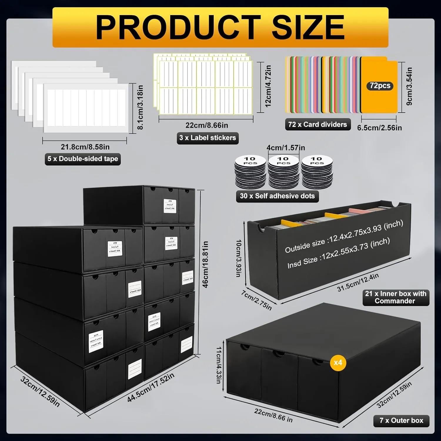 Trading Card Organizer - Card Storage Box with 21-600 CT Boxes - 72 Dividers, Labels and Tapes - 21000  Cards Capacity - Perfect for TCG, MTG, Sports Cards,Collectible Card Games