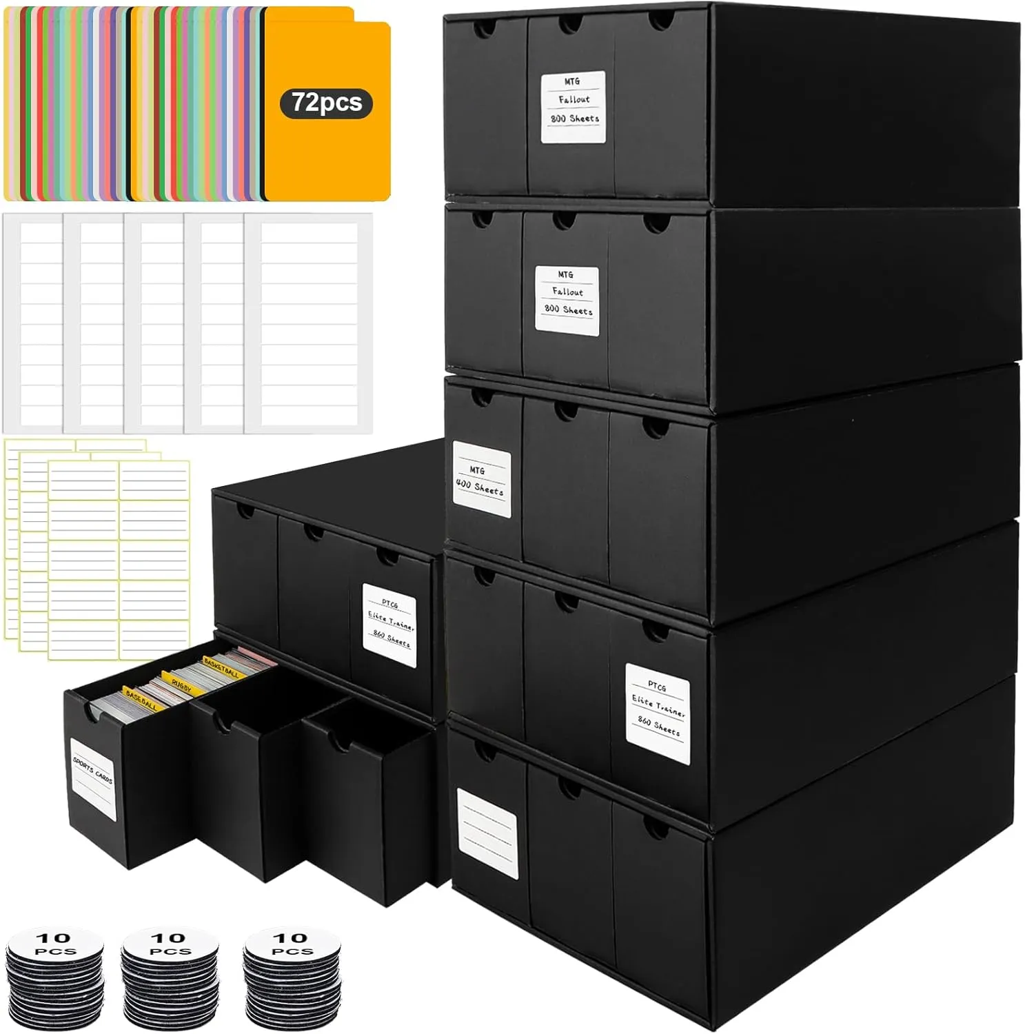 Trading Card Organizer - Card Storage Box with 21-600 CT Boxes - 72 Dividers, Labels and Tapes - 21000  Cards Capacity - Perfect for TCG, MTG, Sports Cards,Collectible Card Games