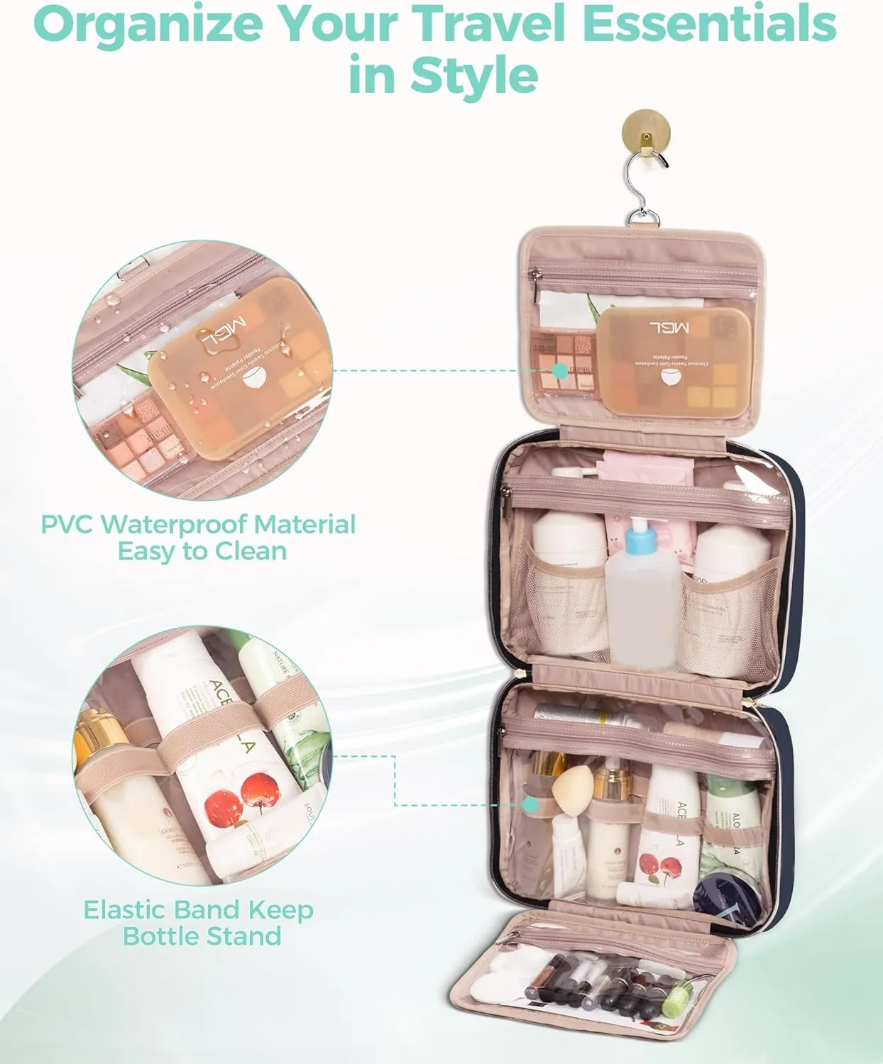 Travel Hanging Toiletry Bag for Women, Water-Resistant Cosmetic Organizer with 4 Compartments & 360° Swivel Hook, TSA-Approved Makeup Bag for Shampoo, Full Sized Container, Toiletries (Pink)