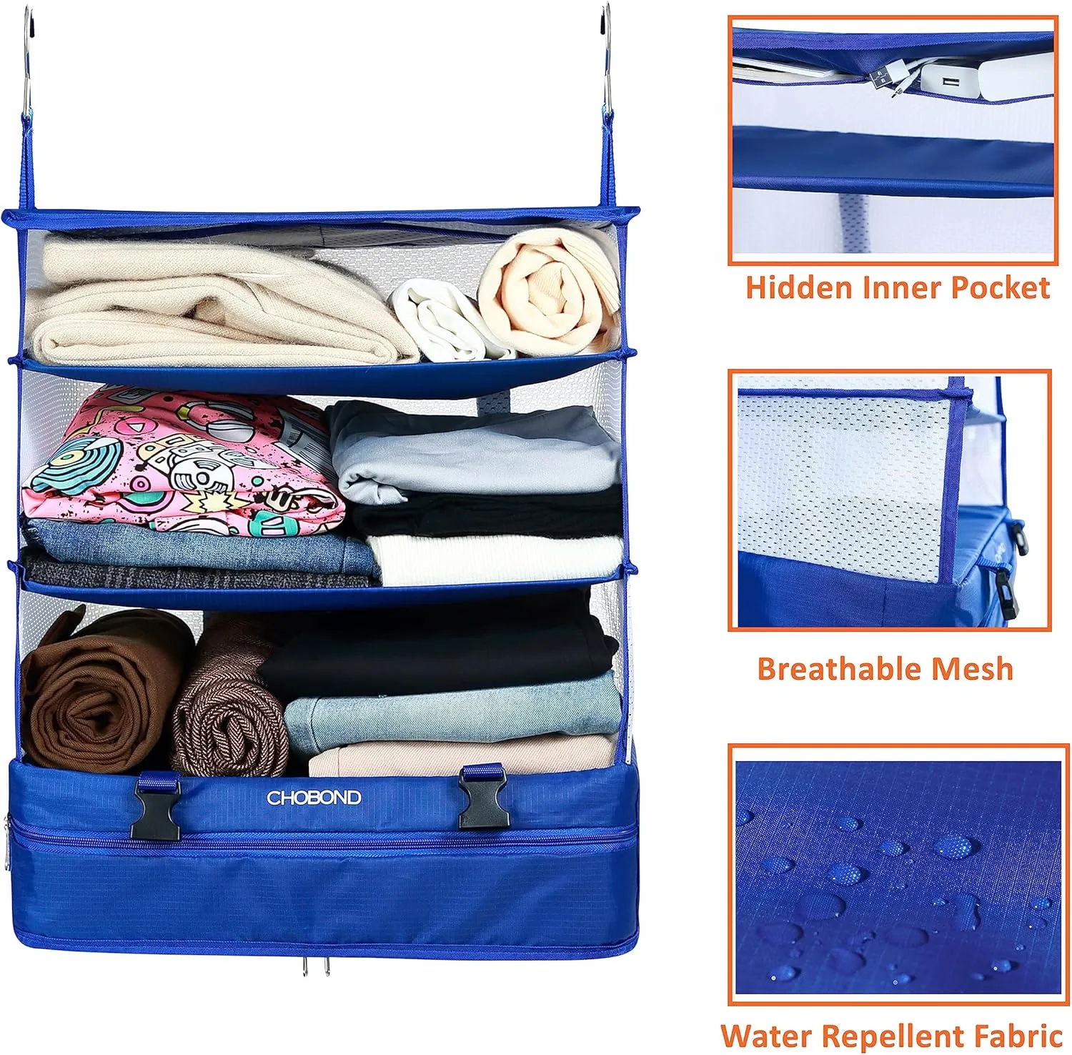 Travel Luggage Organizer Portable Hanging Travel Shelves Bag Multiple Compartments Packing Cube Organizer for Carry on Closet Suitcase Black