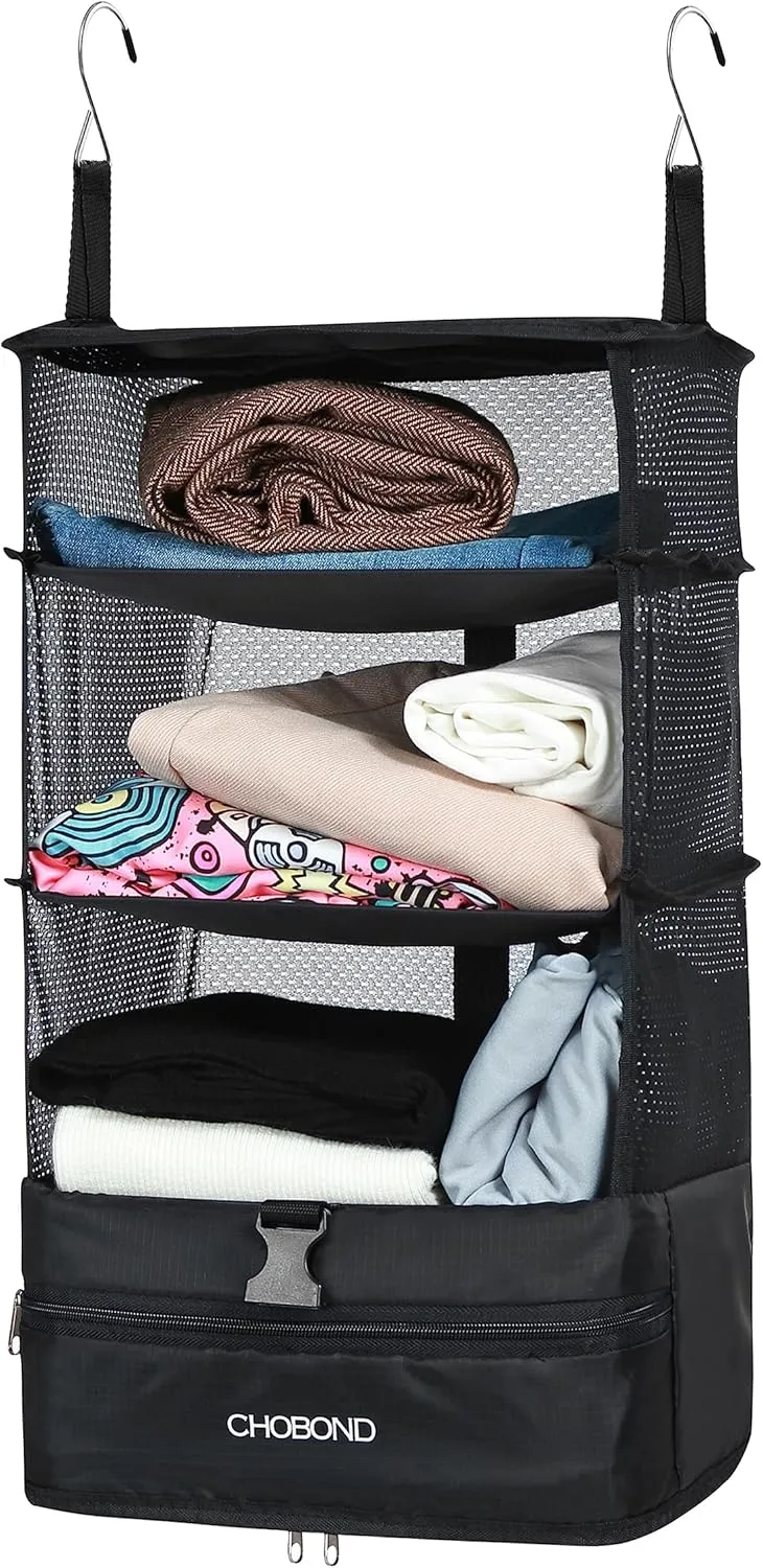 Travel Luggage Organizer Portable Hanging Travel Shelves Bag Multiple Compartments Packing Cube Organizer for Carry on Closet Suitcase Black