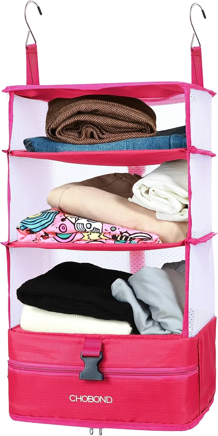 Travel Luggage Organizer Portable Hanging Travel Shelves Bag Multiple Compartments Packing Cube Organizer for Carry on Closet Suitcase Rose