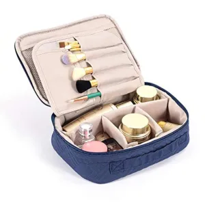 Travel Makeup Bag, Portable Storage Cosmetic Bag for Women & Girls, Dark Blue Quilted Cotton Zipper Toiletry Organizer with Handle, Adjustable Dividers, Brushes Compartment-Dark Blue