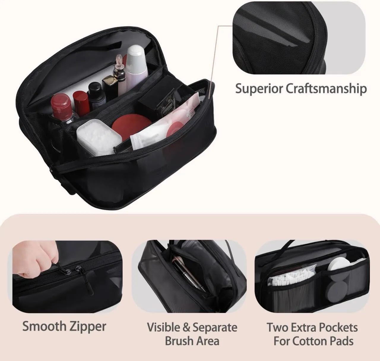 Travel Makeup Bag,Large Capacity Cosmetic Bags for Women,Toiletry Bag Make up Organizer with Divider and Handle(Black)