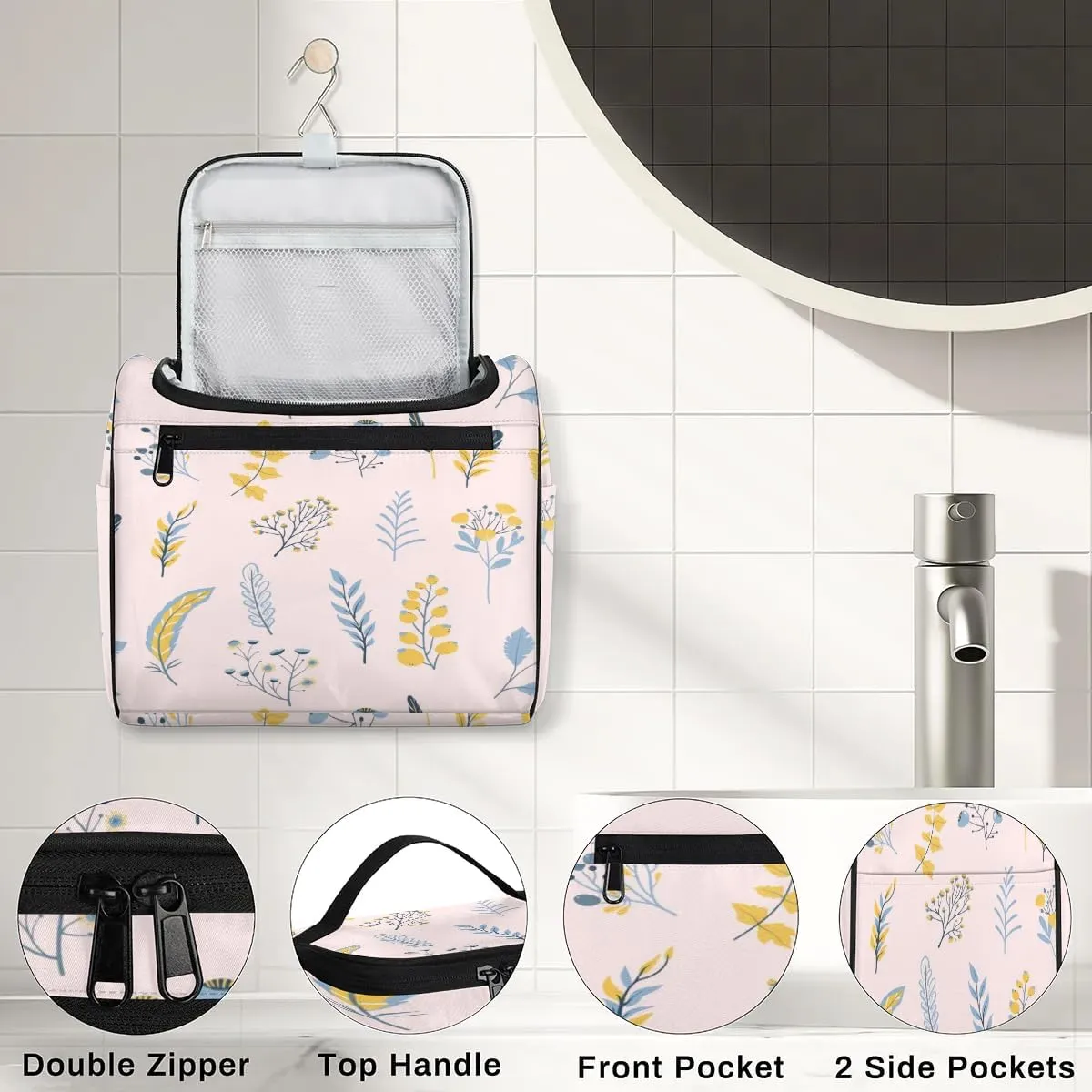 Travel Toiletry Bag for Women,Hanging Toiletry Bag Cosmetic Makeup Bag Travel Organizer for Accessories Toiletries,Travel Essentials Kit(Flower Leaves)