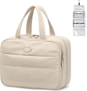 Travel Toiletry Bag with Jewelry Organizer,Hanging Toiletry Bag Carry-on Puffy Cosmetic Make up Bag Organizer for Travel Accessories,Essentials,Toiletries,Apricot