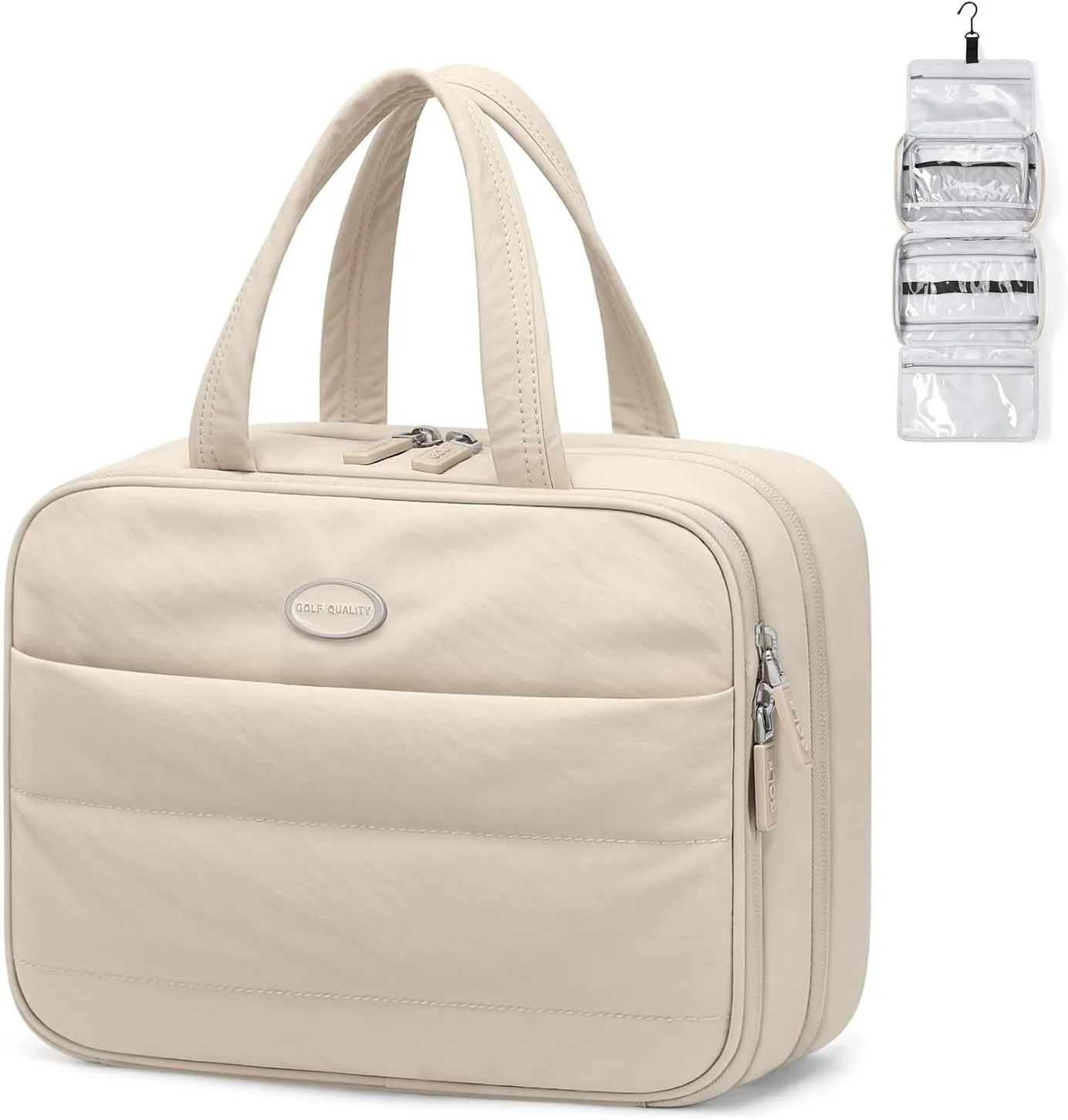 Travel Toiletry Bag with Jewelry Organizer,Hanging Toiletry Bag Carry-on Puffy Cosmetic Make up Bag Organizer for Travel Accessories,Essentials,Toiletries,Apricot