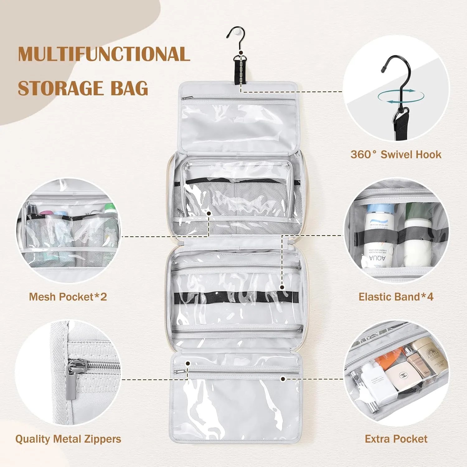 Travel Toiletry Bag with Jewelry Organizer,Hanging Toiletry Bag Carry-on Puffy Cosmetic Make up Bag Organizer for Travel Accessories,Essentials,Toiletries,Apricot
