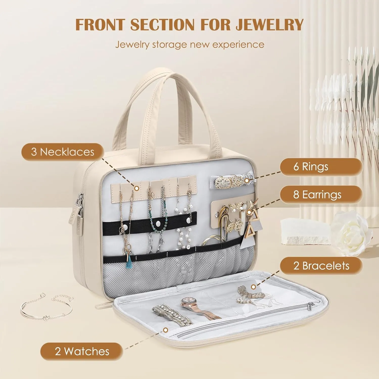 Travel Toiletry Bag with Jewelry Organizer,Hanging Toiletry Bag Carry-on Puffy Cosmetic Make up Bag Organizer for Travel Accessories,Essentials,Toiletries,Apricot