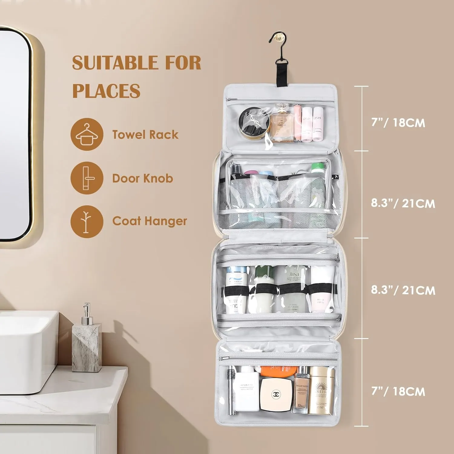 Travel Toiletry Bag with Jewelry Organizer,Hanging Toiletry Bag Carry-on Puffy Cosmetic Make up Bag Organizer for Travel Accessories,Essentials,Toiletries,Apricot