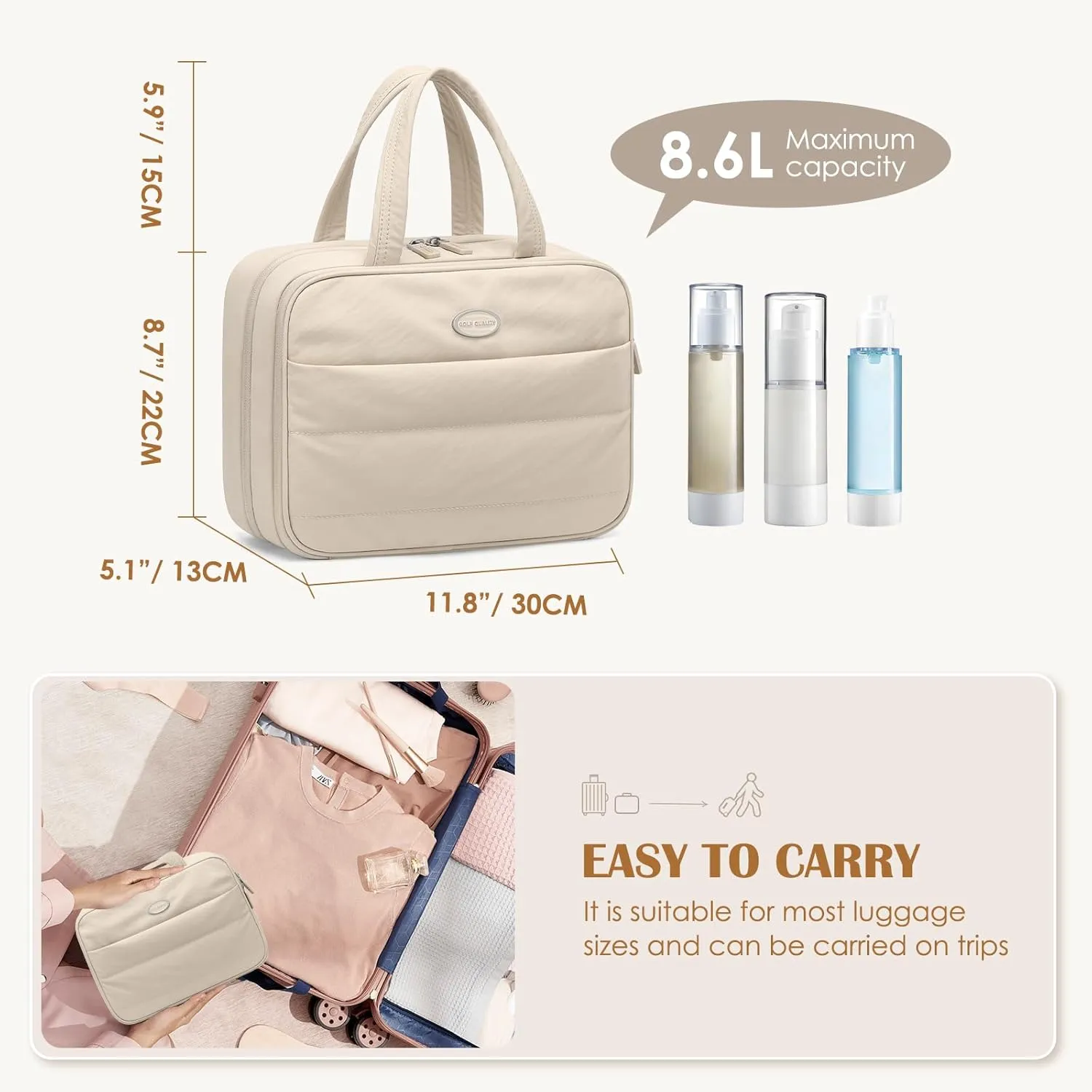 Travel Toiletry Bag with Jewelry Organizer,Hanging Toiletry Bag Carry-on Puffy Cosmetic Make up Bag Organizer for Travel Accessories,Essentials,Toiletries,Apricot