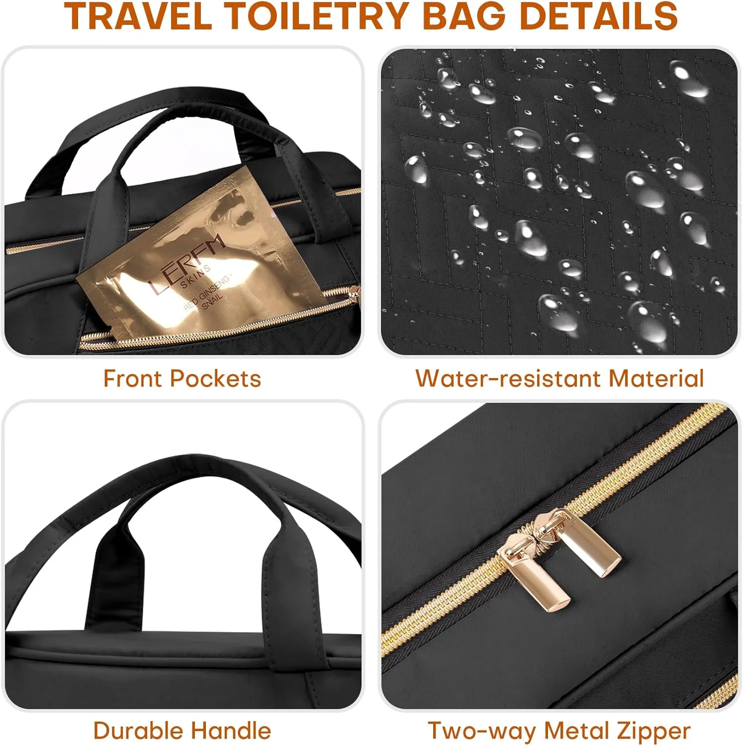 Travel Toiletry Bags with Hanging Hook for Full-size Toiletries, Brushes Set, Cosmetics - Large Black