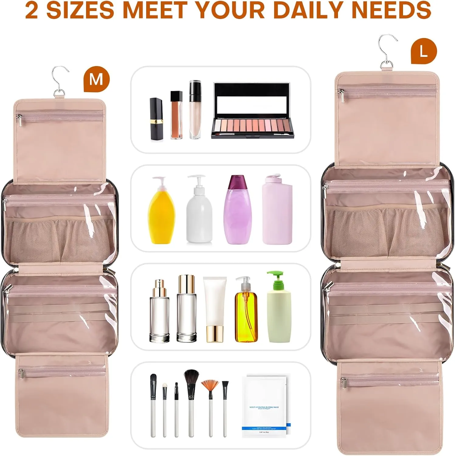Travel Toiletry Bags with Hanging Hook for Full-size Toiletries, Brushes Set, Cosmetics - Large Black