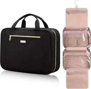 Travel Toiletry Bags with Hanging Hook for Full-size Toiletries, Brushes Set, Cosmetics - Large Black