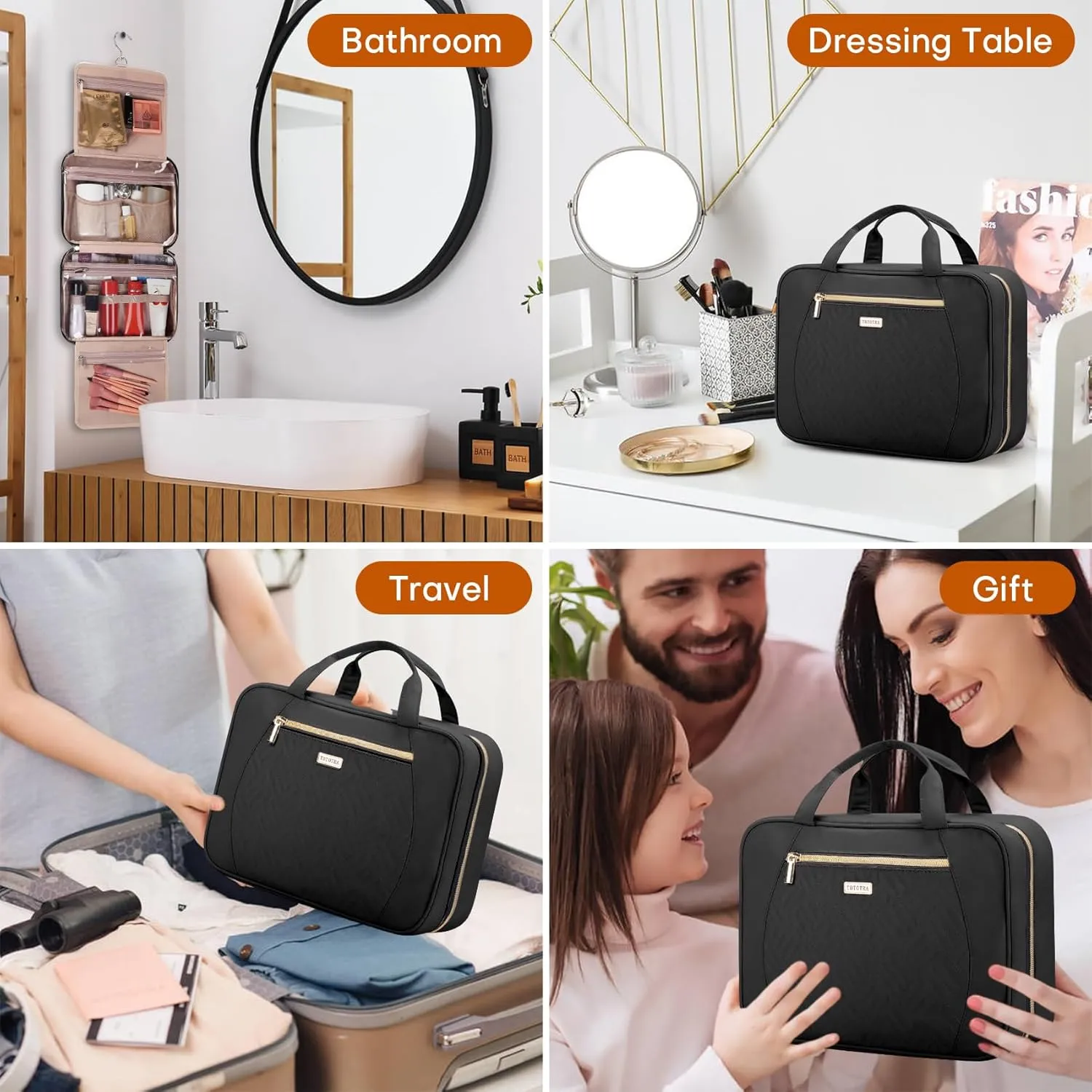 Travel Toiletry Bags with Hanging Hook for Full-size Toiletries, Brushes Set, Cosmetics - Large Black