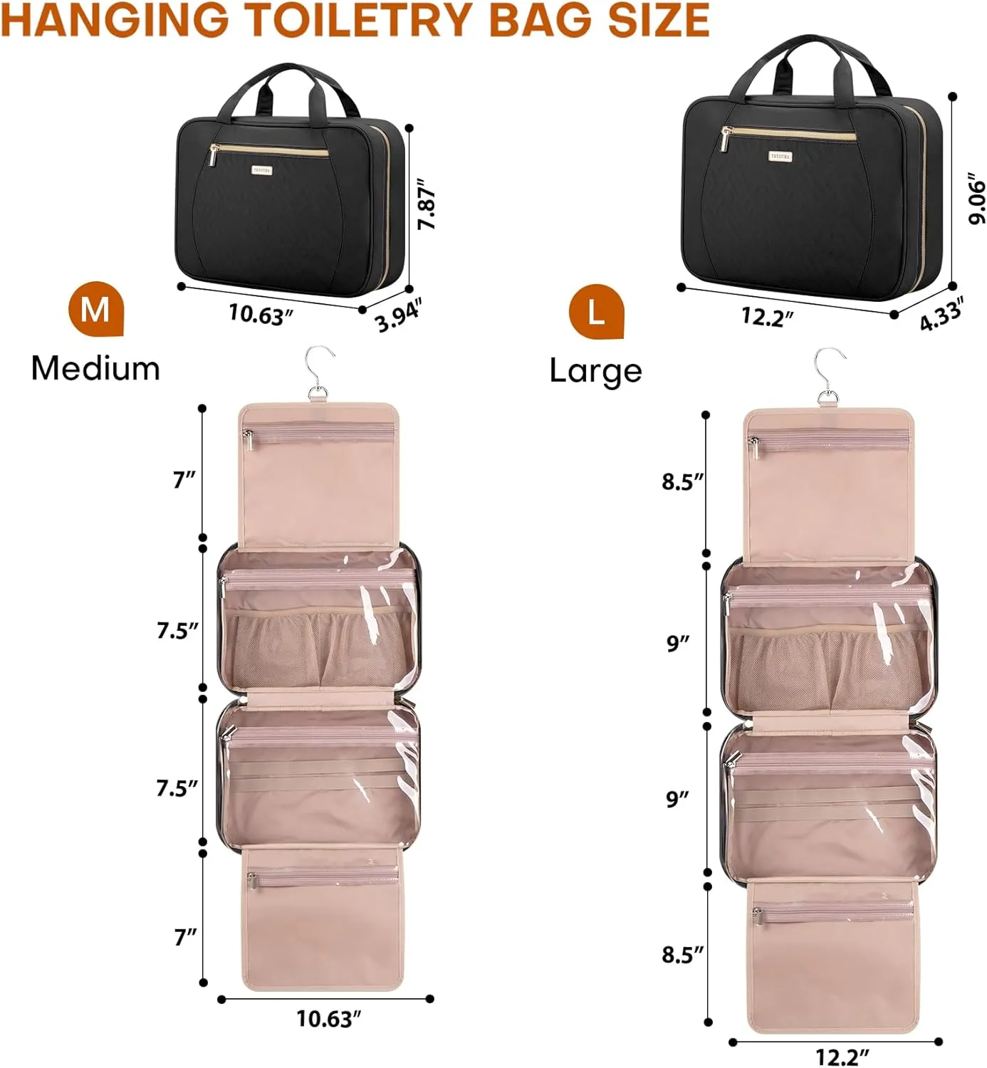 Travel Toiletry Bags with Hanging Hook for Full-size Toiletries, Brushes Set, Cosmetics - Large Black