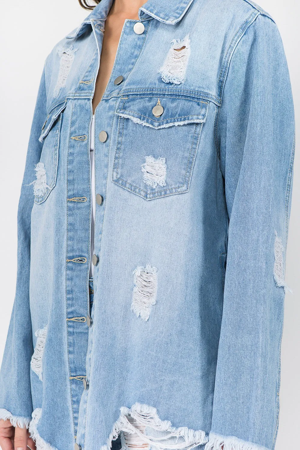Trendy Distressed Frayed Hem Denim Jacket for Effortlessly Cool Style