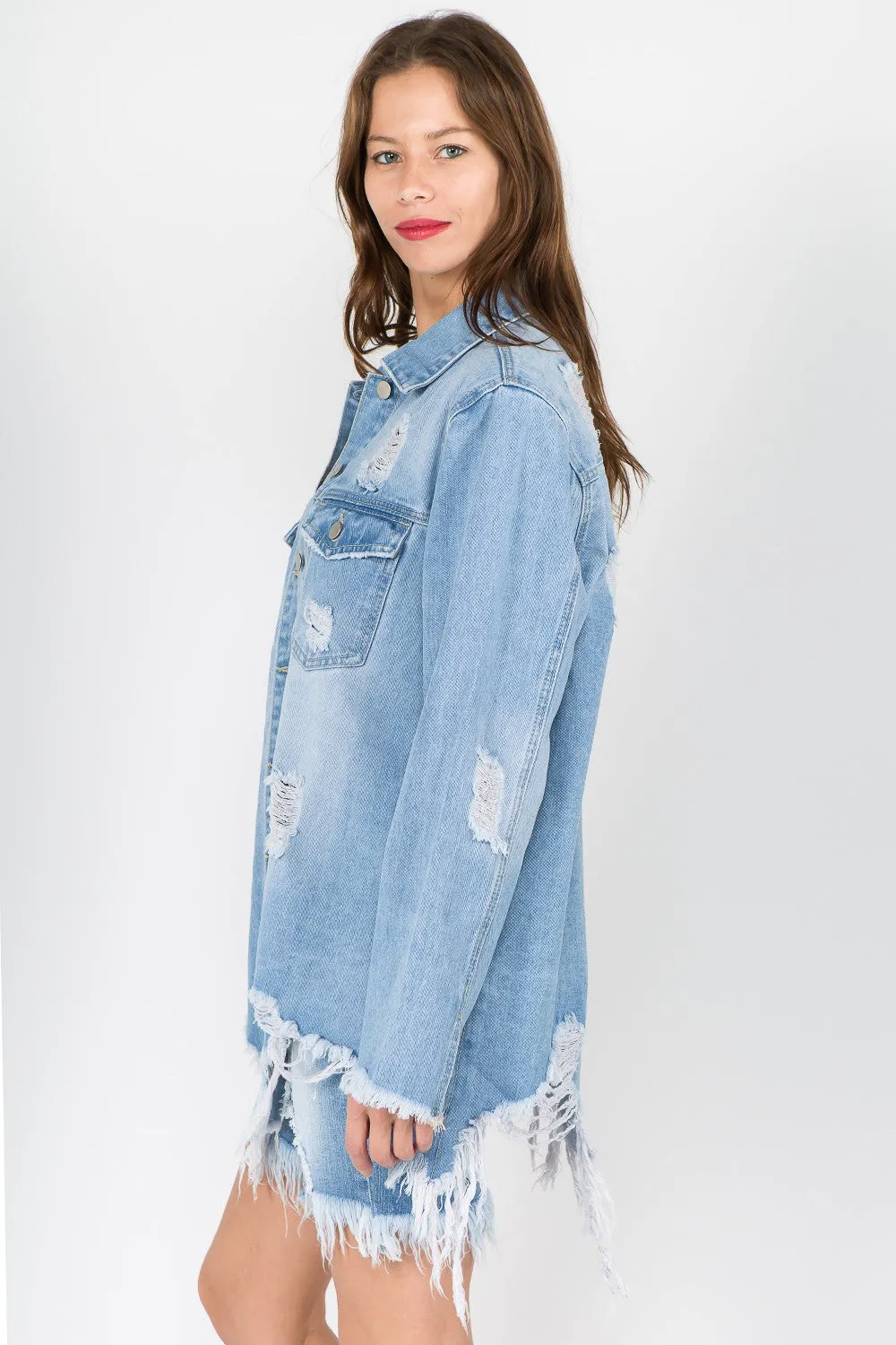 Trendy Distressed Frayed Hem Denim Jacket for Effortlessly Cool Style