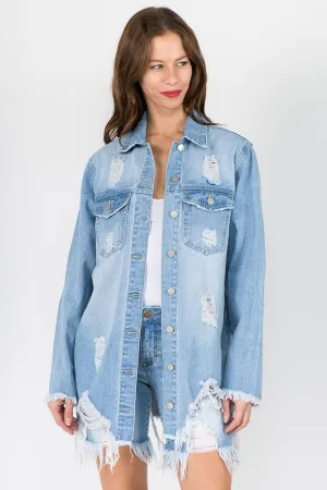 Trendy Distressed Frayed Hem Denim Jacket for Effortlessly Cool Style