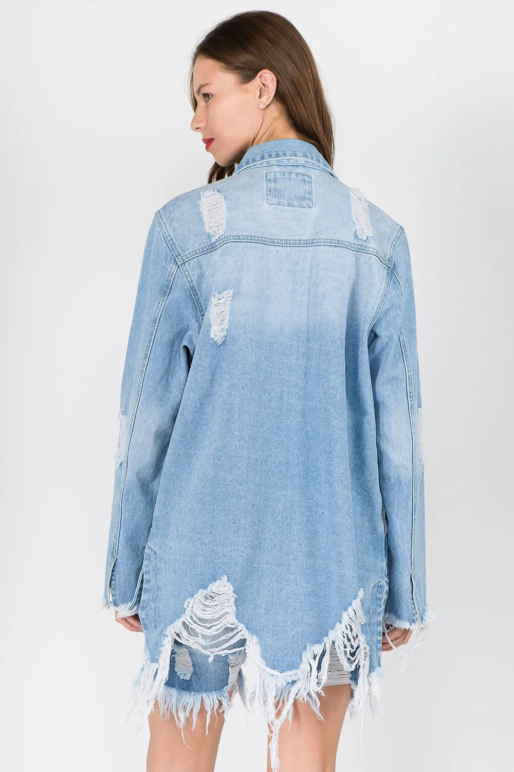 Trendy Distressed Frayed Hem Denim Jacket for Effortlessly Cool Style