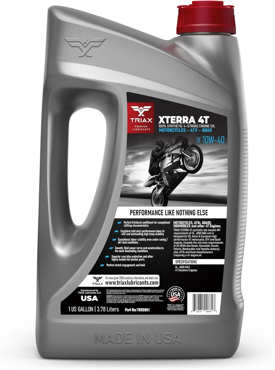 Triax XTerra 4T 10W-40 Full Synthetic Ester VTWIN Motorcycle Oil, Enhanced and Friction Modified JASO MA-2 API SN, SL, SM, Enhanced Film Strength and High Temp Stability (1 Gallon)