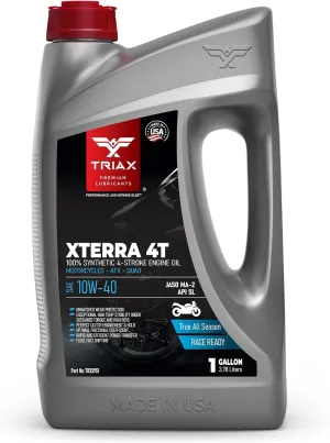 Triax XTerra 4T 10W-40 Full Synthetic Ester VTWIN Motorcycle Oil, Enhanced and Friction Modified JASO MA-2 API SN, SL, SM, Enhanced Film Strength and High Temp Stability (1 Gallon)