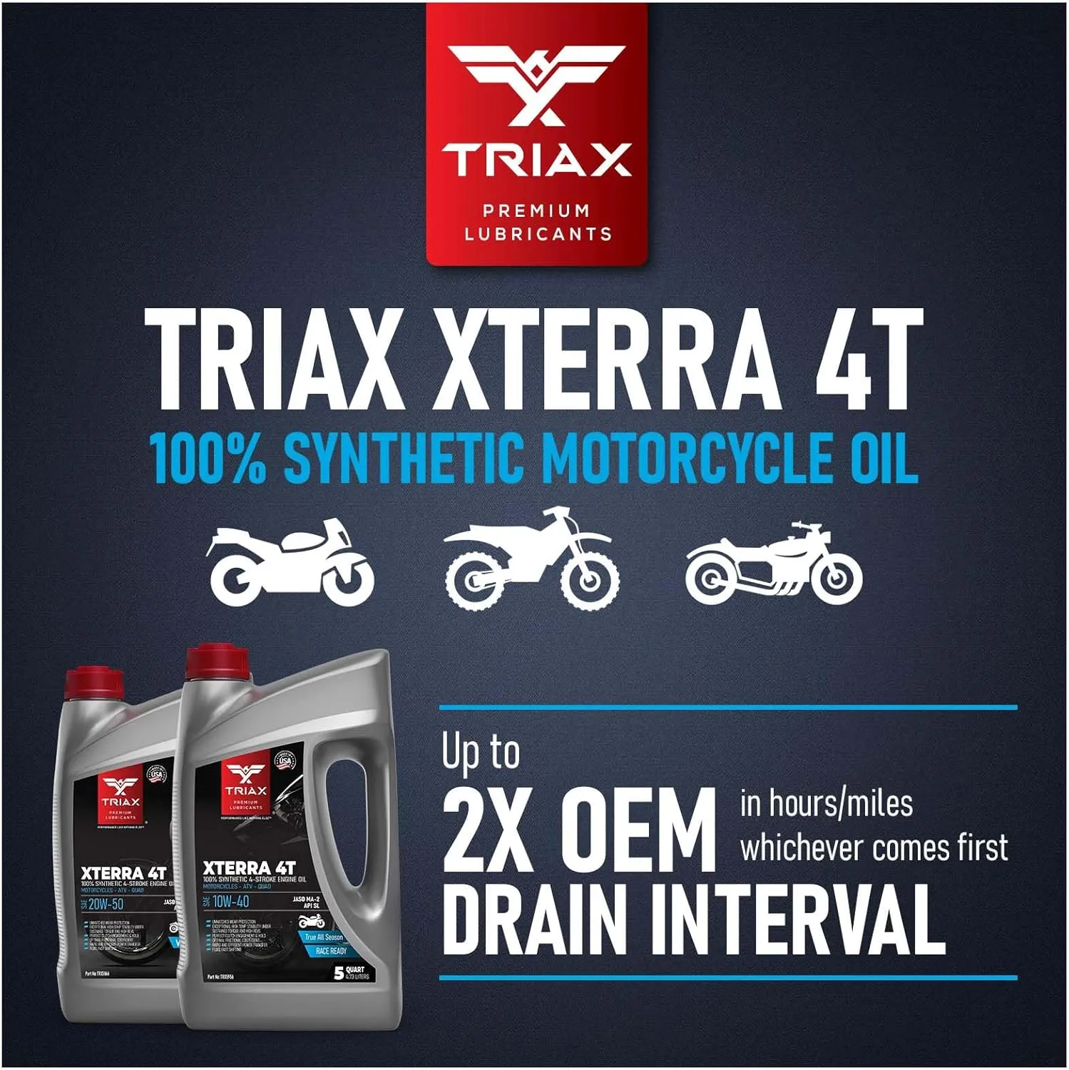 Triax XTerra 4T 10W-40 Full Synthetic Ester VTWIN Motorcycle Oil, Enhanced and Friction Modified JASO MA-2 API SN, SL, SM, Enhanced Film Strength and High Temp Stability (1 Gallon)