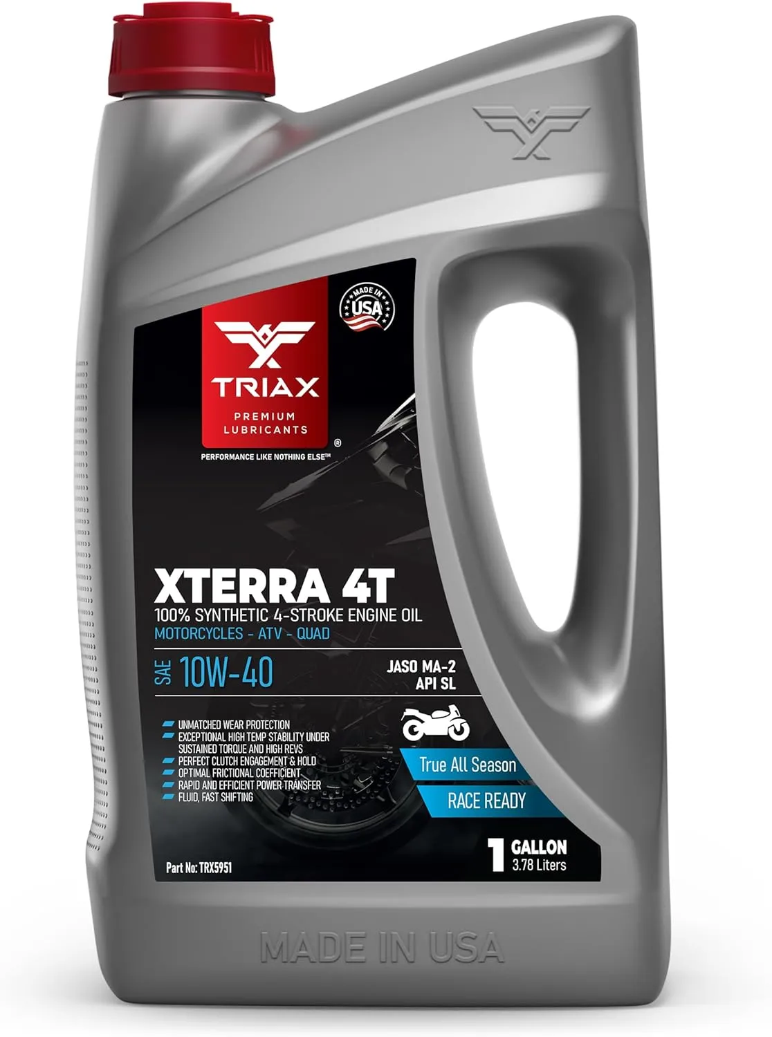 Triax XTerra 4T 10W-40 Full Synthetic Ester VTWIN Motorcycle Oil, Enhanced and Friction Modified JASO MA-2 API SN, SL, SM, Enhanced Film Strength and High Temp Stability (1 Gallon)