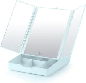 Trifold Lighted Makeup Mirror with Organizer, LED Vanity Mirror with Adjustable Brightness, 180° Rotation, Travel-Friendly Design, White