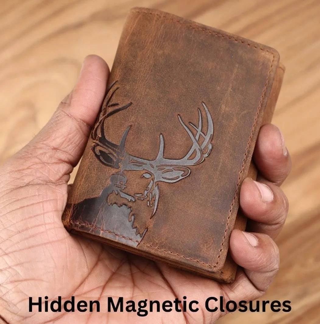 Trifold Wallet for Men, Full Grain Cowhide Leather, RFID Blocking, Gifts for Men (Deer)