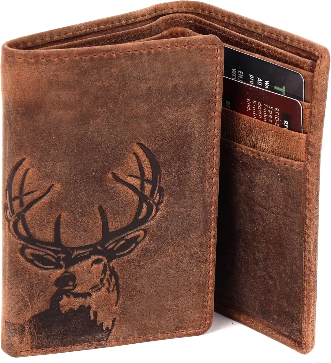Trifold Wallet for Men, Full Grain Cowhide Leather, RFID Blocking, Gifts for Men (Deer)