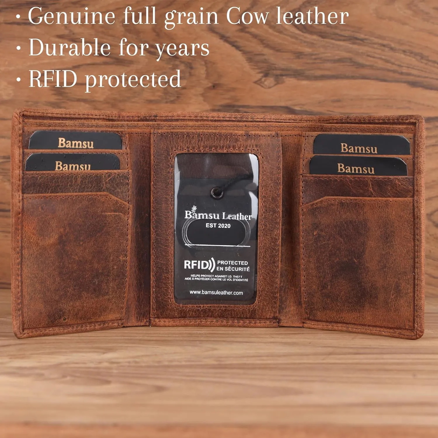 Trifold Wallet for Men, Full Grain Cowhide Leather, RFID Blocking, Gifts for Men (Deer)