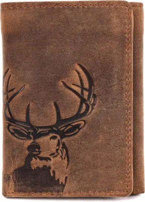 Trifold Wallet for Men, Full Grain Cowhide Leather, RFID Blocking, Gifts for Men (Deer)