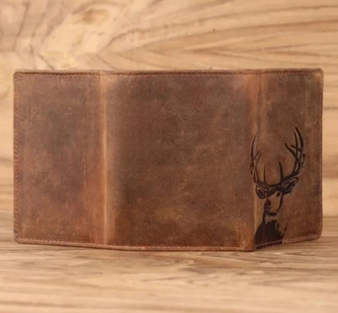 Trifold Wallet for Men, Full Grain Cowhide Leather, RFID Blocking, Gifts for Men (Deer)