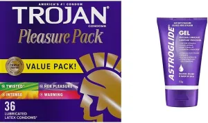 TROJAN Pleasure Pack Assorted Condoms, Lubricated Condoms Value Pack, 36 Count and Astroglide Water Based Lube (4oz) Gel Personal Lubricant